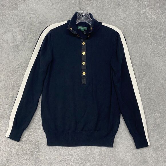 Lauren Ralph Lauren Sweater Womens Small Black Mock Neck Snap‎ Buttons Cotton - Picture 1 of 6